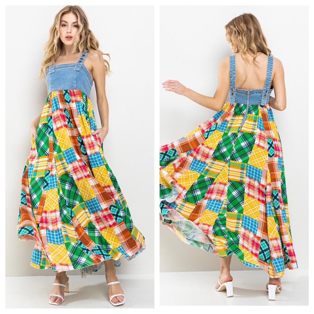 Denim Multi Fabric Pleated Suspender Maxi Dress - Picture 2 of 4